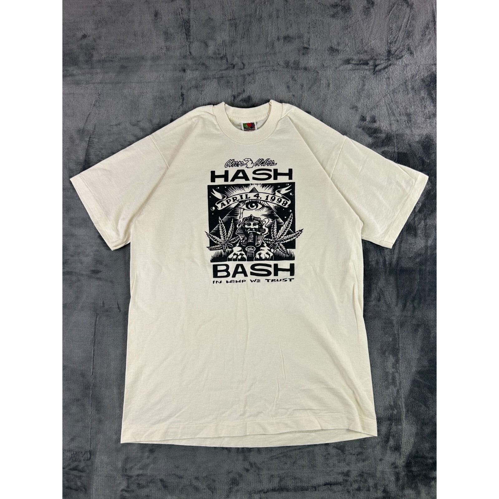 Vintage 1998 Ann Arbor Hash Bash Tee Cream Pharaoh Illuminati Single Stitch L
